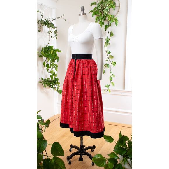 Vintage 1980s 80s Skirt JEANNE MARC Plaid Swing Midi High Waist Red Cotton - Picture 4 of 11